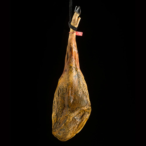 Jamón ibérico de bellota colgado, procedente de las dehesas de Extremadura